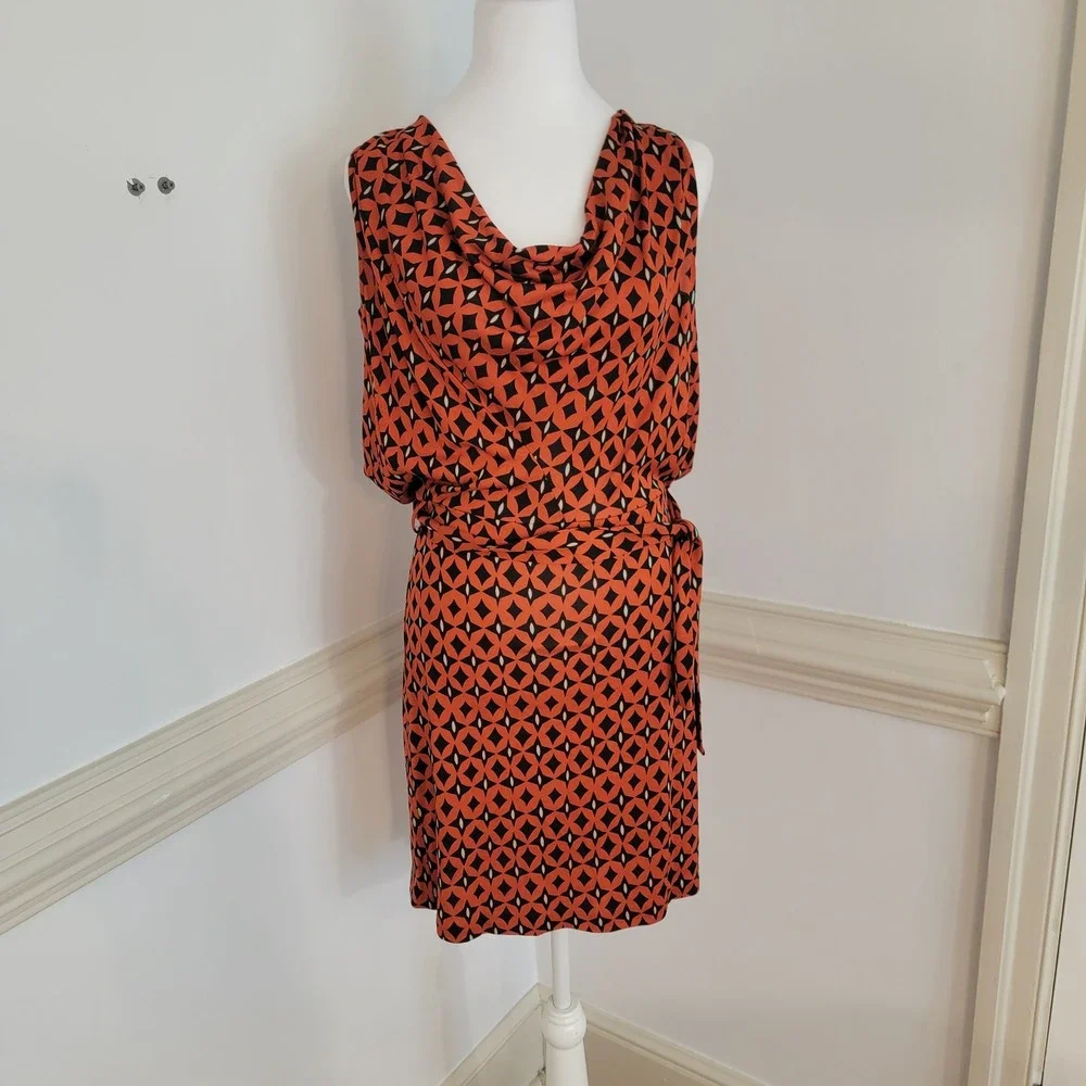 Diane‎ von Furstenberg Silk Dress Geometric Print Cowl Neck Orange Black Women 0